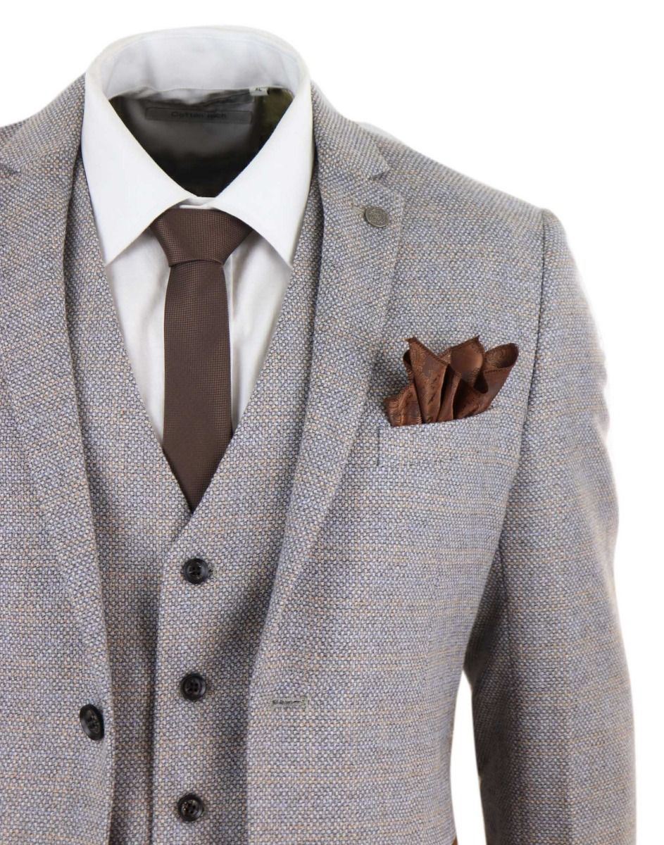 Mens 3 Piece Cream Tweed Check Vintage Retro Suit