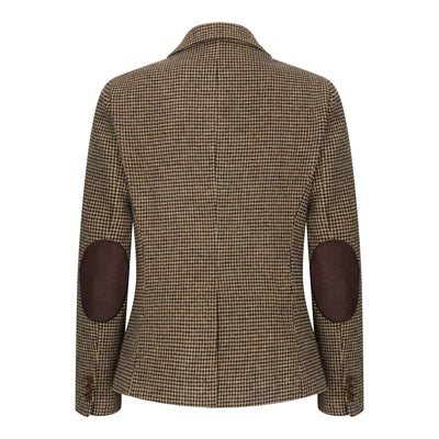 Women's Tailored Brown Dogtooth Wool Blend Tweed Blazer