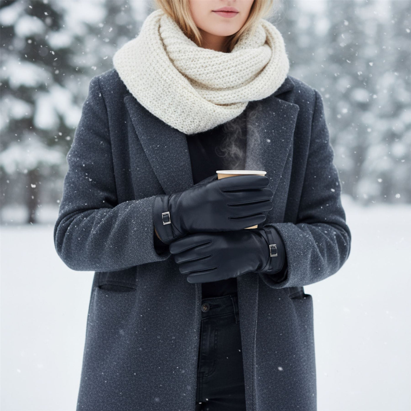 Womens Italian Leather Winter Buckle Soft Wool Lining Gloves - L-GLV-601