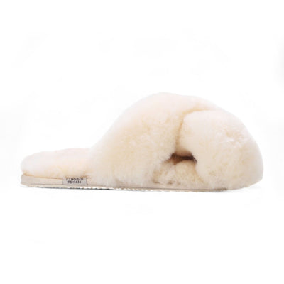 Women's Sheepskin Slippers Beige Warm Winter Fur Crossover - Snowbelle