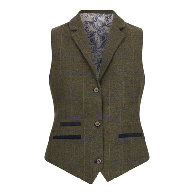 Women's Olive 2 Piece Set Tweed Blazer Waistcoat in Herringbone Check