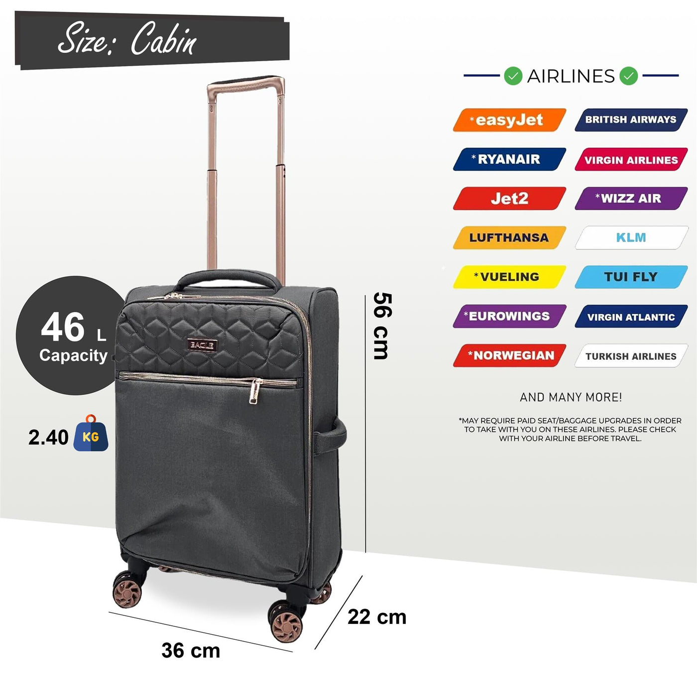 Cabin 4 Wheel Luggage Travel Soft Lightweight Bags