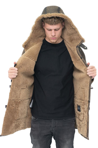 Mens Antique Sheepskin Duffle Coat-Leyburn