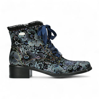 Laura Vita Emcmao-45 Blue Floral Womens Gothic Victorian Leather Ankle Heeled Boots