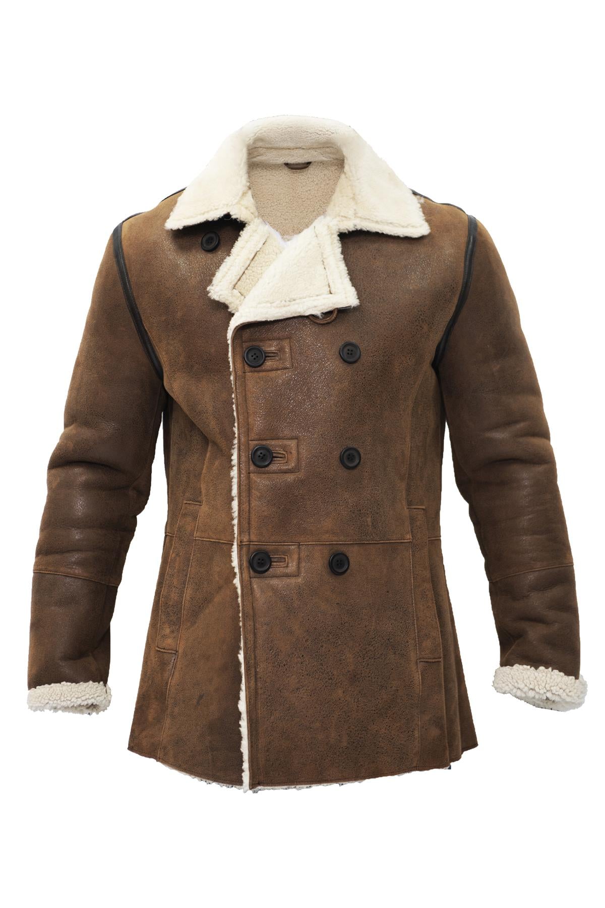 Mens Double Breasted Shearling Sheepskin Pea Coat-Kington