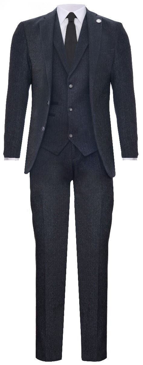 Men's 3 Piece Charcoal Grey Herringbone Tweed Suit