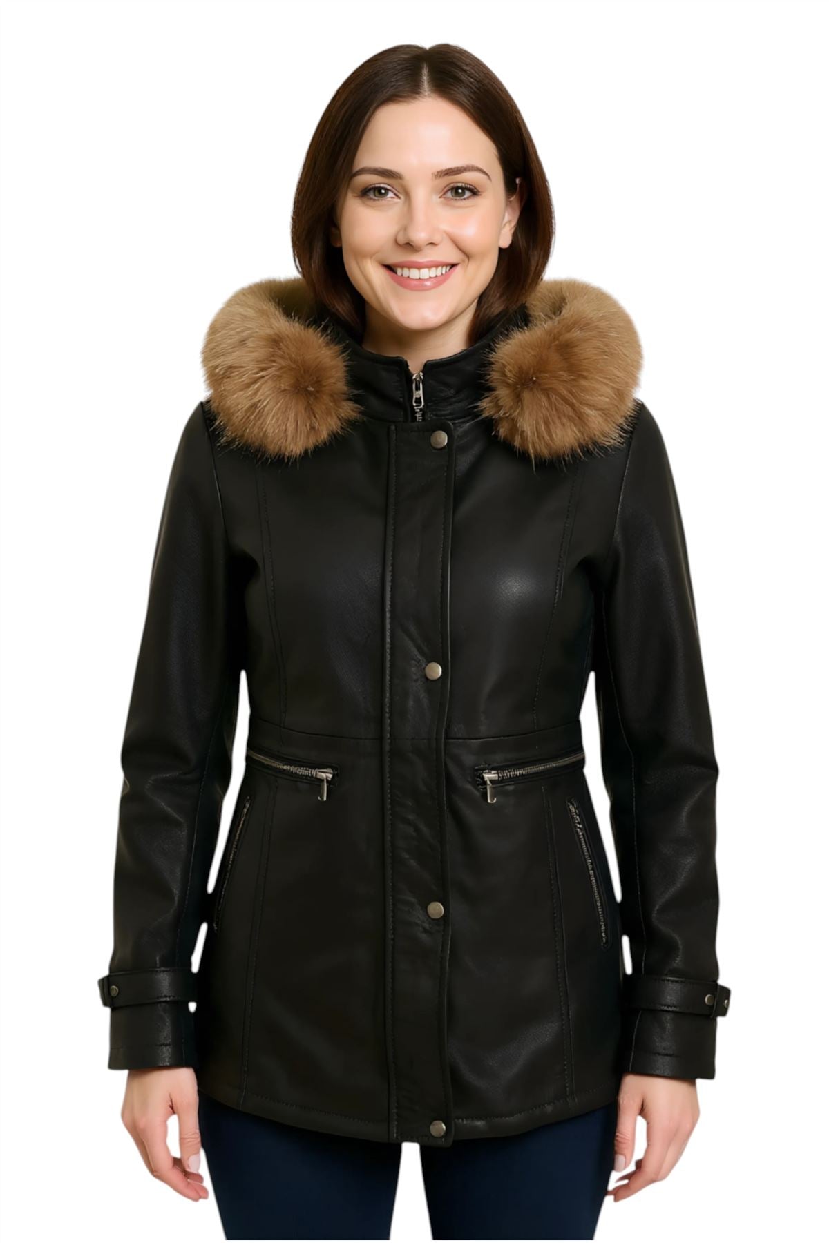 Parka da donna in pelle con cappuccio-Putian