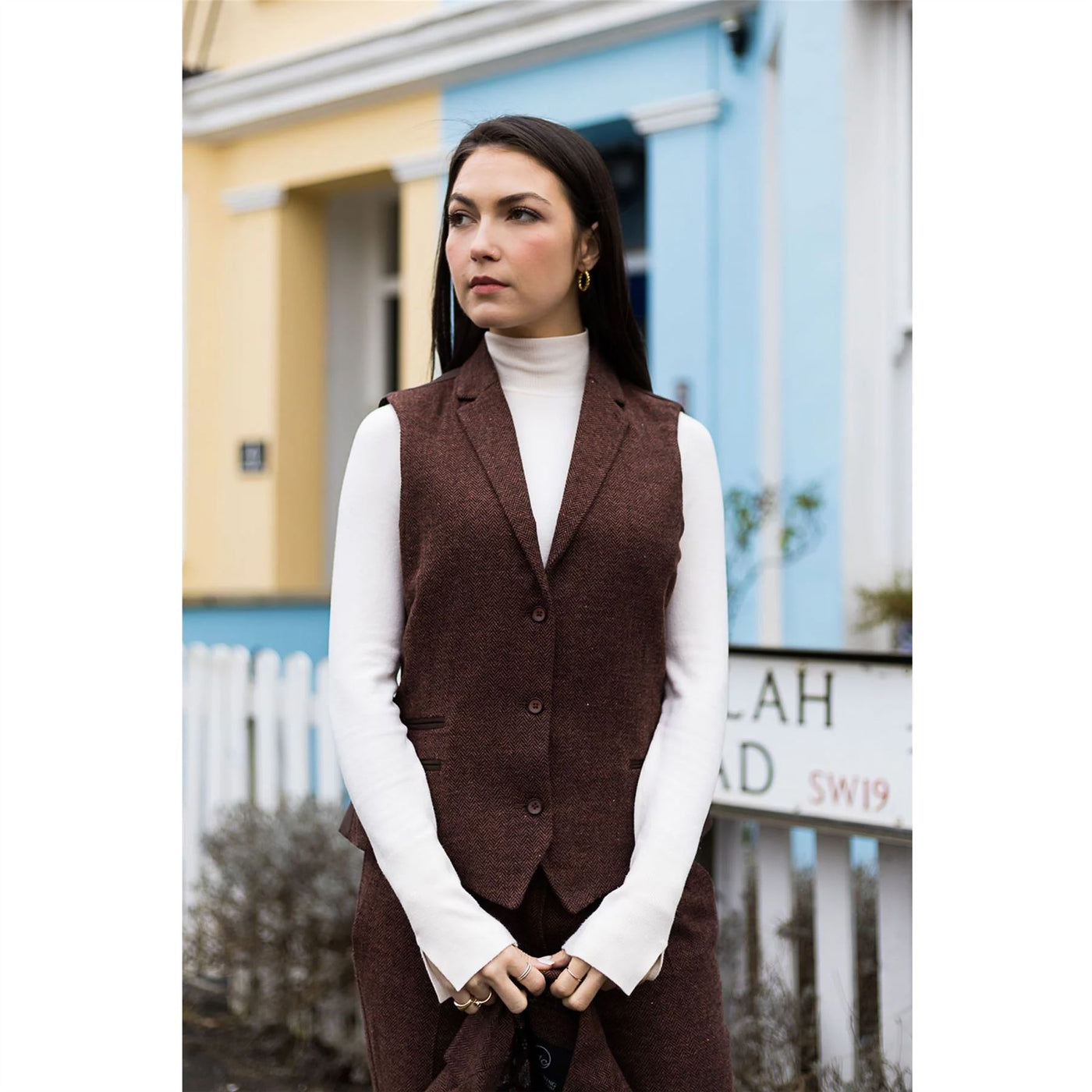 Women's Rust Brown Herringbone Wool Tweed Check Waistcoat