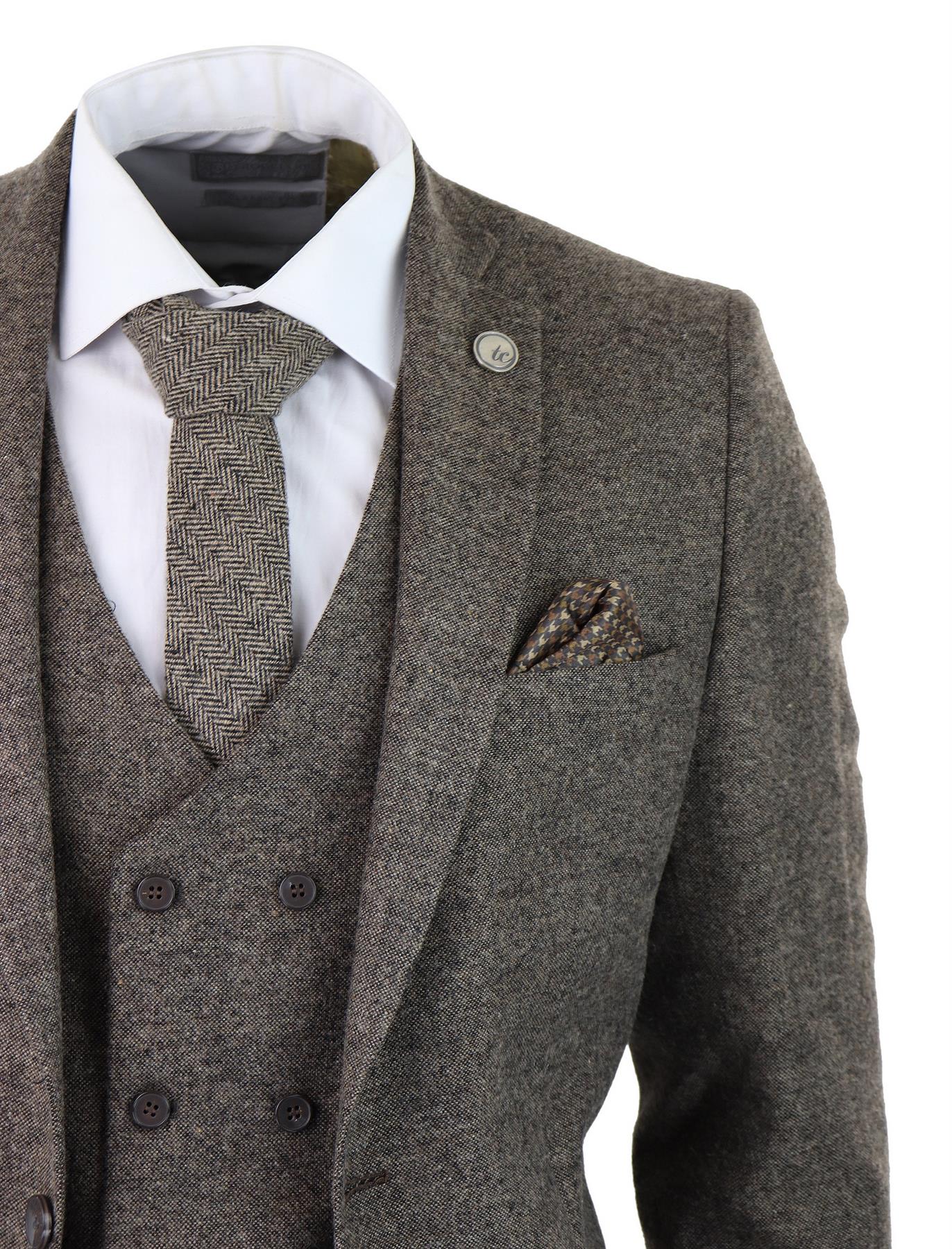 Mens Oak Brown Wool 3 Piece Suit Double Breasted Waistcoat Tweed Peaky Blinders 1920s