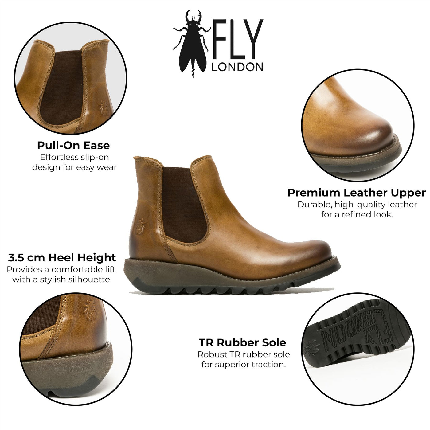 Fly London Womens Camel SALV Chelsea Leather Ankle Casual Wedge Heel Boots