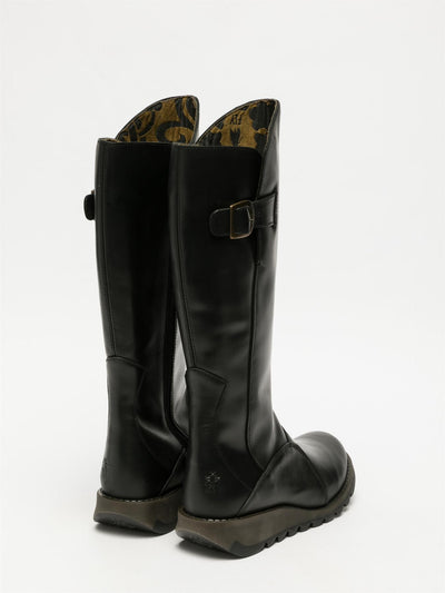 Fly London Damen MOL 2 Kniehohe Stiefel aus Leder mit Keilabsatz und Reißverschluss, Schwarz