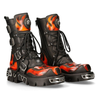 New Rock Flame Accented Black/Red Leather Biker Skull Boots - 107-S1