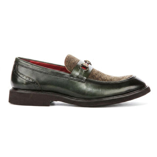 Justin Reess Men's Green Leather Herringbone Tweed Loafer Shoes - Tristian