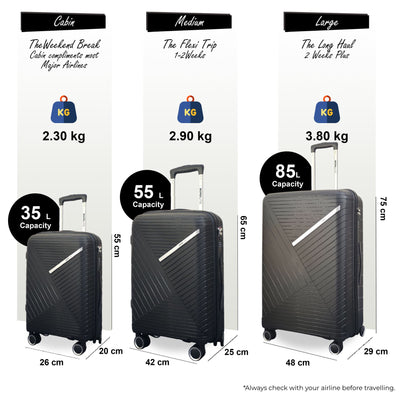 Robust PP Hard Shell Black 8 Wheels Luggage Travel Holiday Cabin Suitcase Set