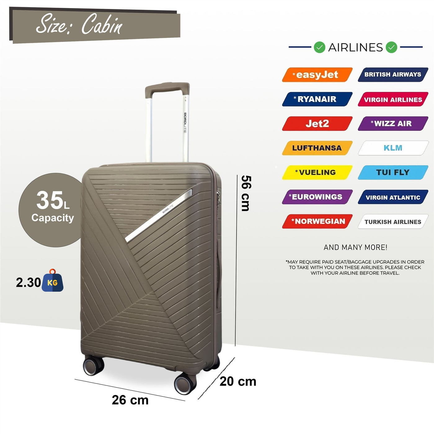 Hard Shell PP Cabin Suitcase 55 x 26 x 20 cm Luggage Suitable for Easyjet, Ryanair