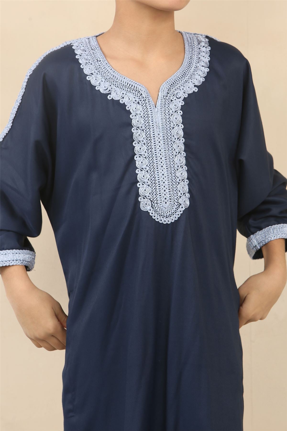 Kid's Boys Blue Moroccan Thobe Jubba Robe Eid Djellaba Gandoura