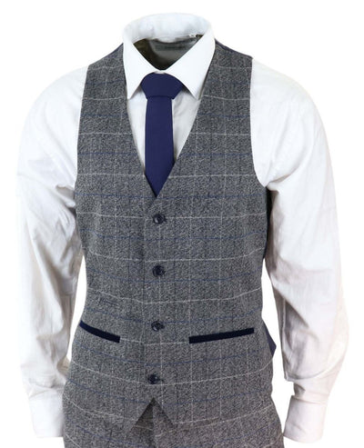 Mens 3 Piece Grey With Blue Check Vintage Classic Suit