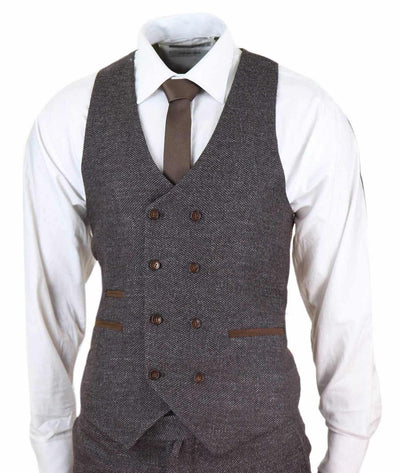 Mens Brown Wool 3 Piece Suit Double Breasted Tweed Peaky Blinders 1920