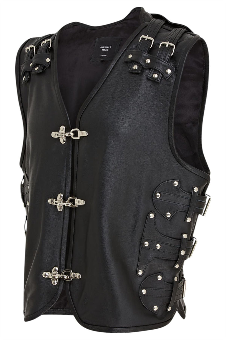 Men's Black Biker Leather Waistcoat Metal Buckles Vest