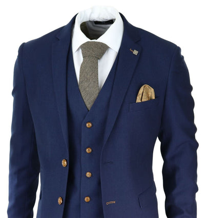 Mens 3 Piece Navy Blue Birdseye Classic Suit