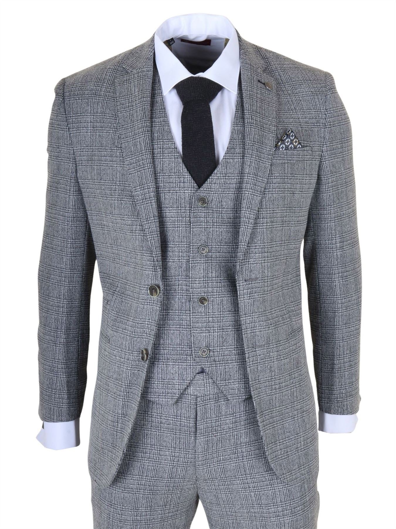 Men's 3-Piece Grey Classic Check Suit Slim Fit Plaid Formal Party Suit