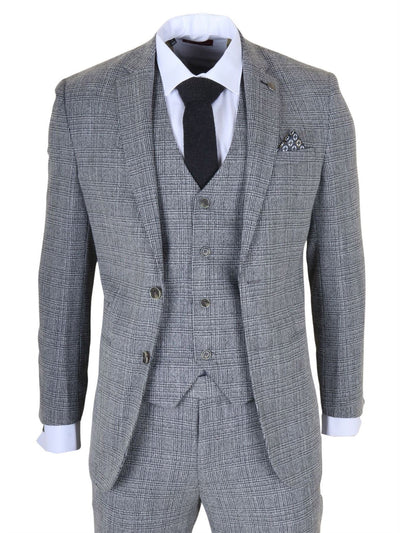 Men's 3-Piece Grey Classic Check Suit Slim Fit Plaid Formal Party Suit