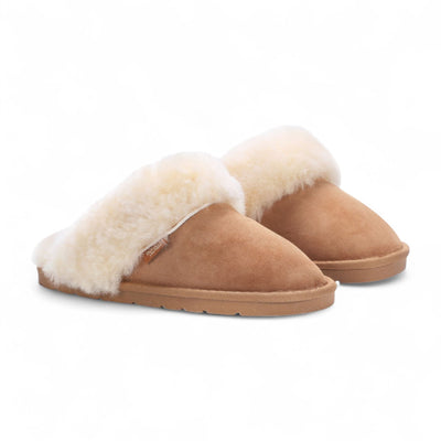 Women's Genuine Sheepskin Chestnut Suede Mule Winter Slippers - Luna