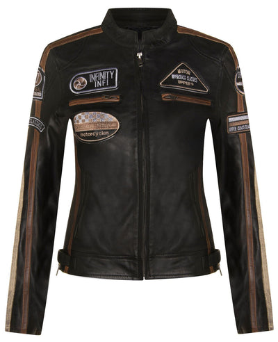 Womens Leather Biker Racing Badges Jacket-Agadir