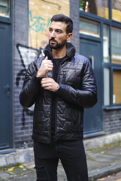 Mens Leather Quilted Puffer Biker Jacket - Thornton - Upperclass Fashions 