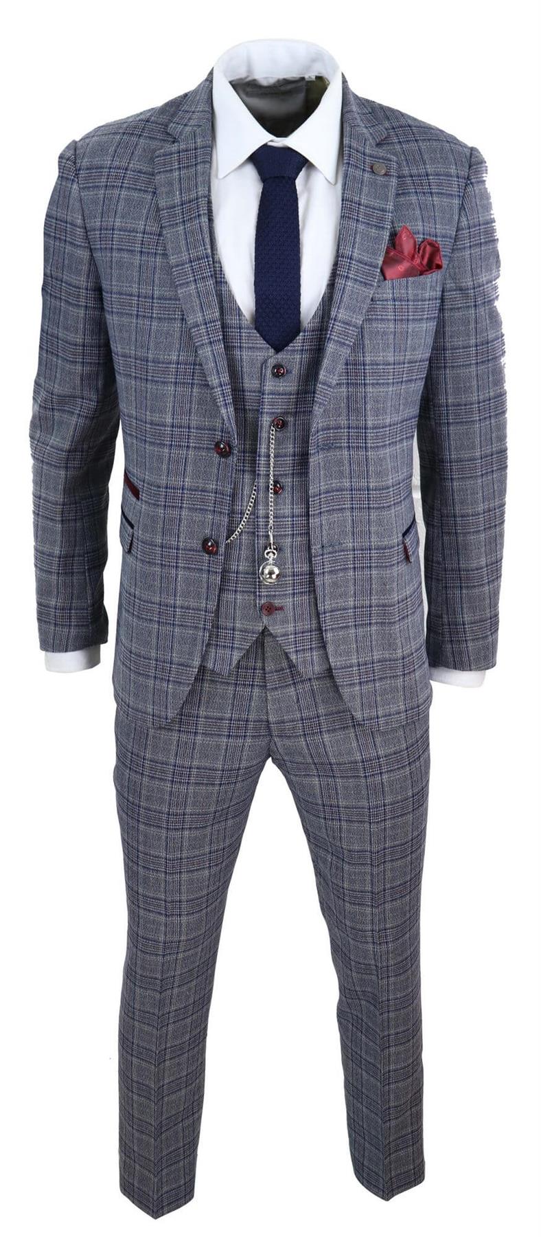 Mens 3 Piece Grey Herringbone Tweed Check Suit