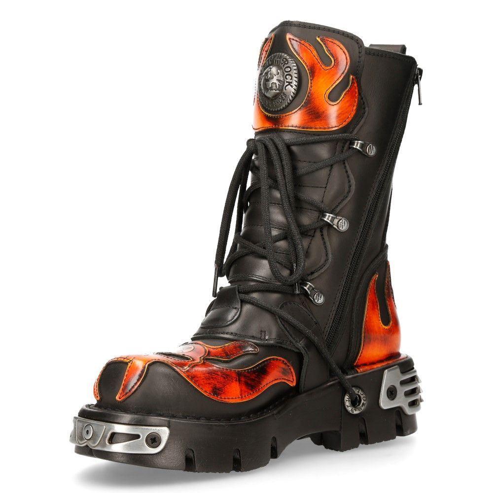 New Rock Flame Accented Black/Red Leather Biker Skull Boots - 107-S1