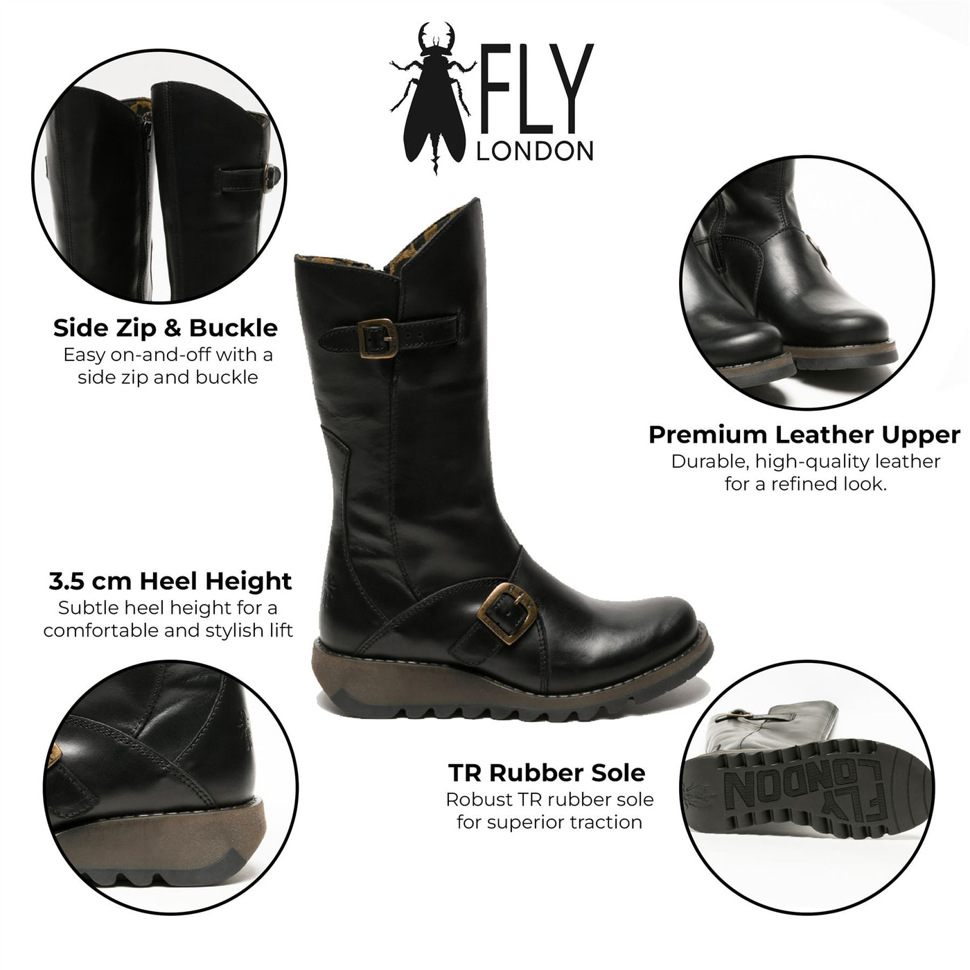 Fly London Womens Black MES 2 Wedge Heel Buckle Mid-Calf Leather Zip Platform Boots