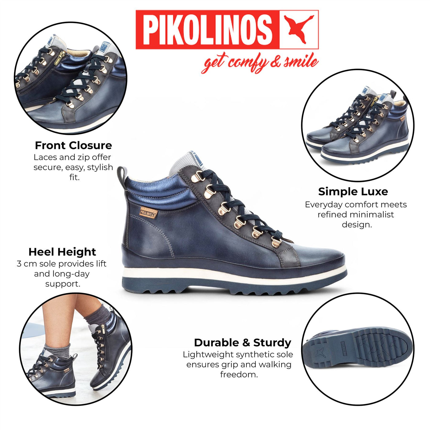 Pikolinos Women’s Blue Leather Ankle Trainers Boots - Vigo