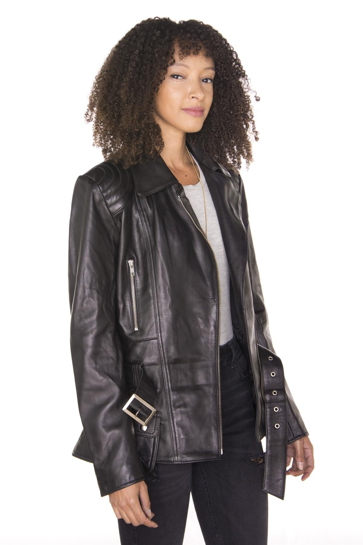 Womens Long Leather Biker Jacket-Quito