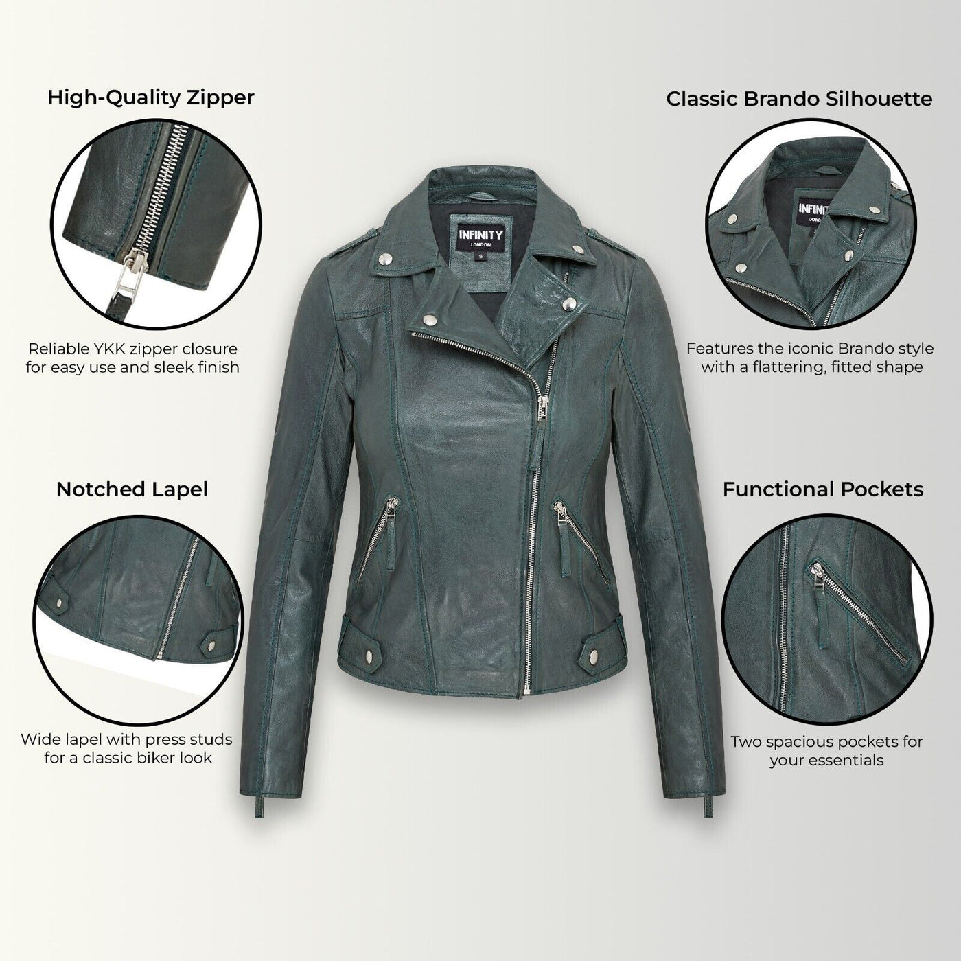 Womens Green Biker Leather Jacket - Denver