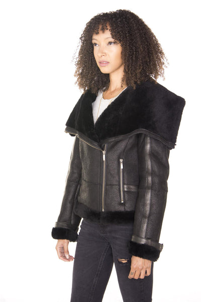 Womens Merino Sheepskin Aviator Leather Jacket-Asmara