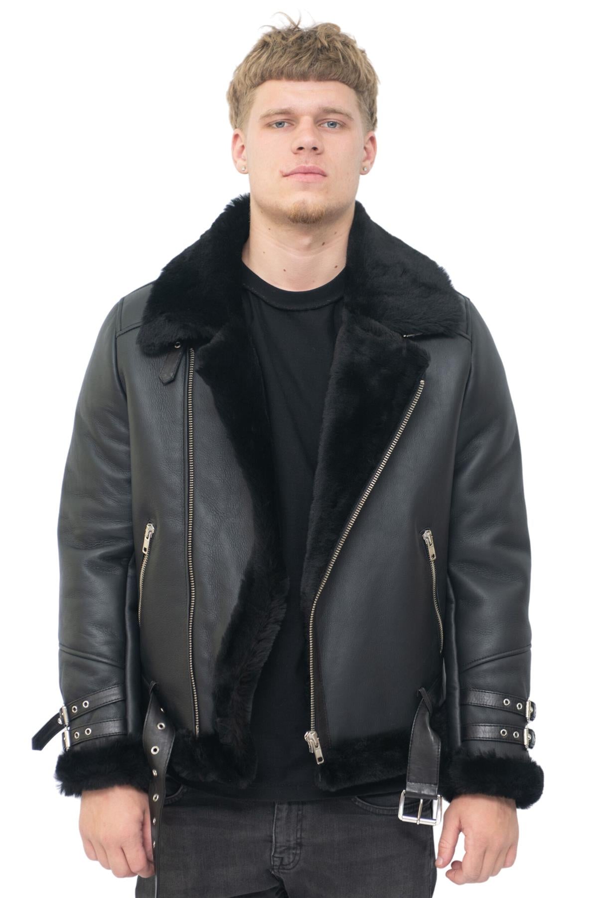 Mens Sheepskin Leather Biker Jacket-Hayle