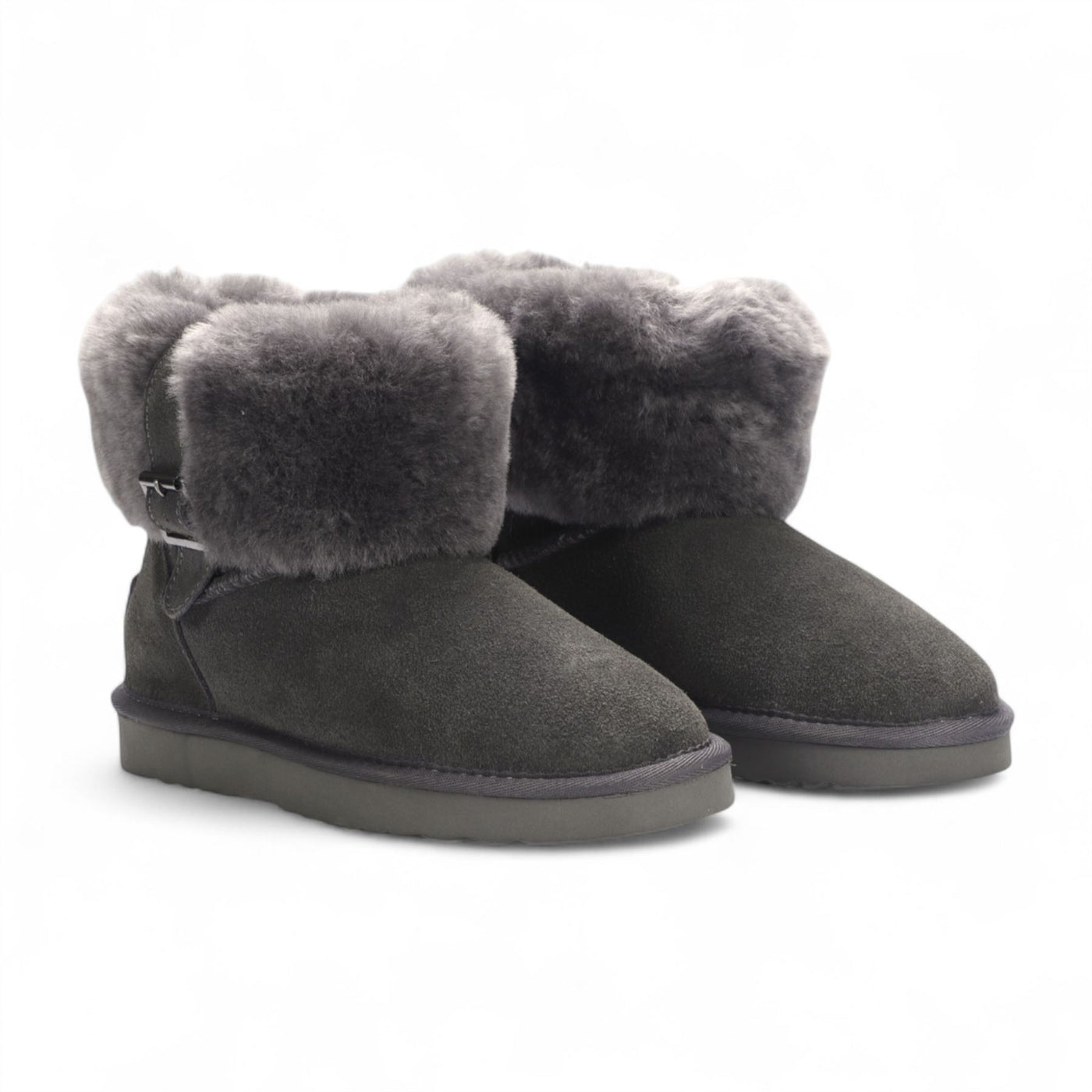 Women's Genuine Sheepskin Grey Suede Ankle Bootie Winter Boots - Granite