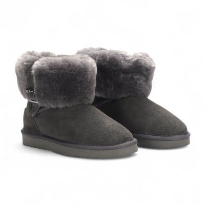 Women's Genuine Sheepskin Grey Suede Ankle Bootie Winter Boots - Granite