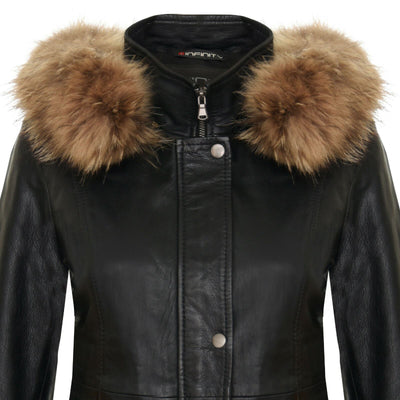 Womens Leather Hooded Parka Jacket-Putian