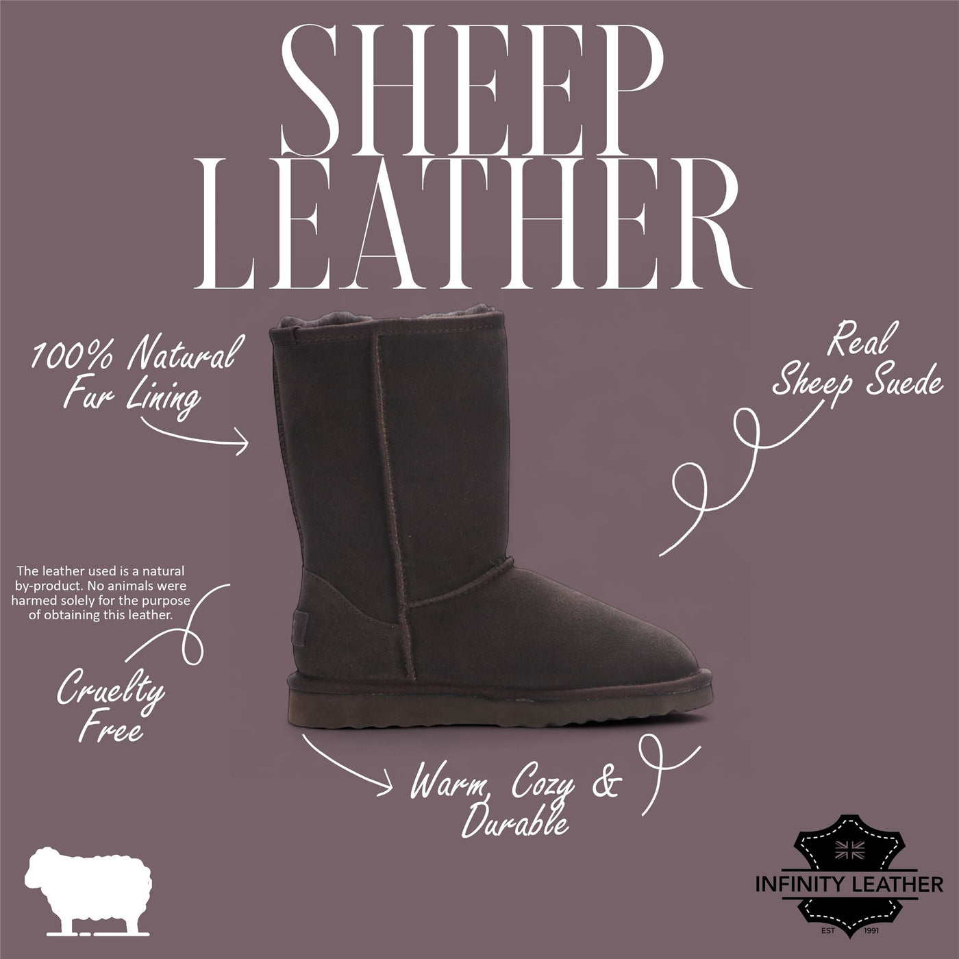 Women's Genuine Sheepskin Brown Suede Slip-On Ankle Winter Boots - Dusk