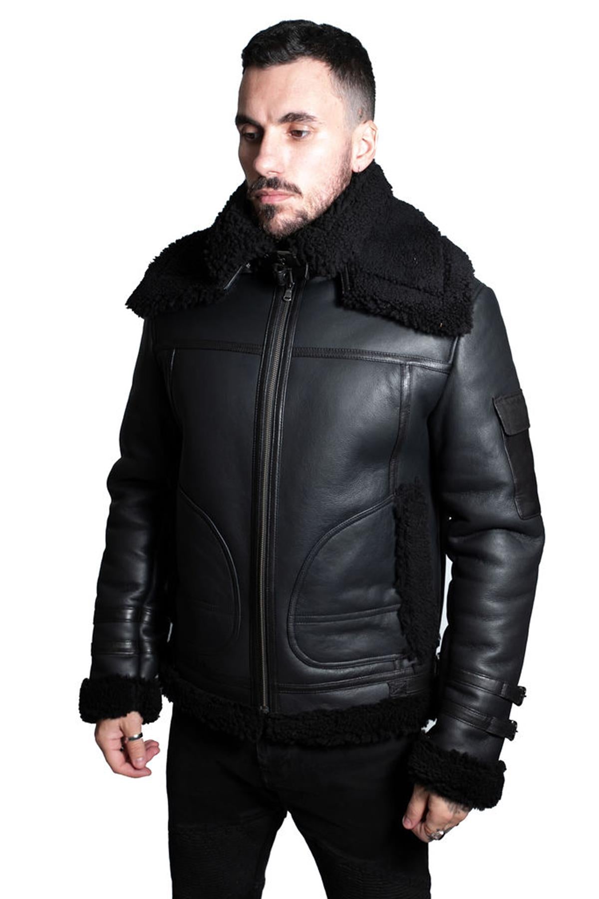 Mens Retro Biker Sheepskin Jacket-Hingham