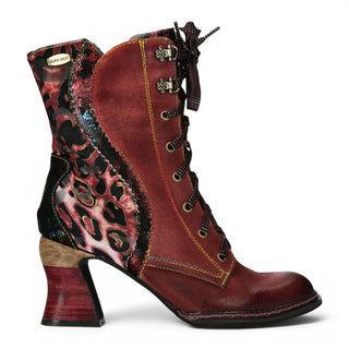 Laura Vita Women's Goth Victorian Floral Wine Leather Lace-Up Heeled Boots - Eleao-42