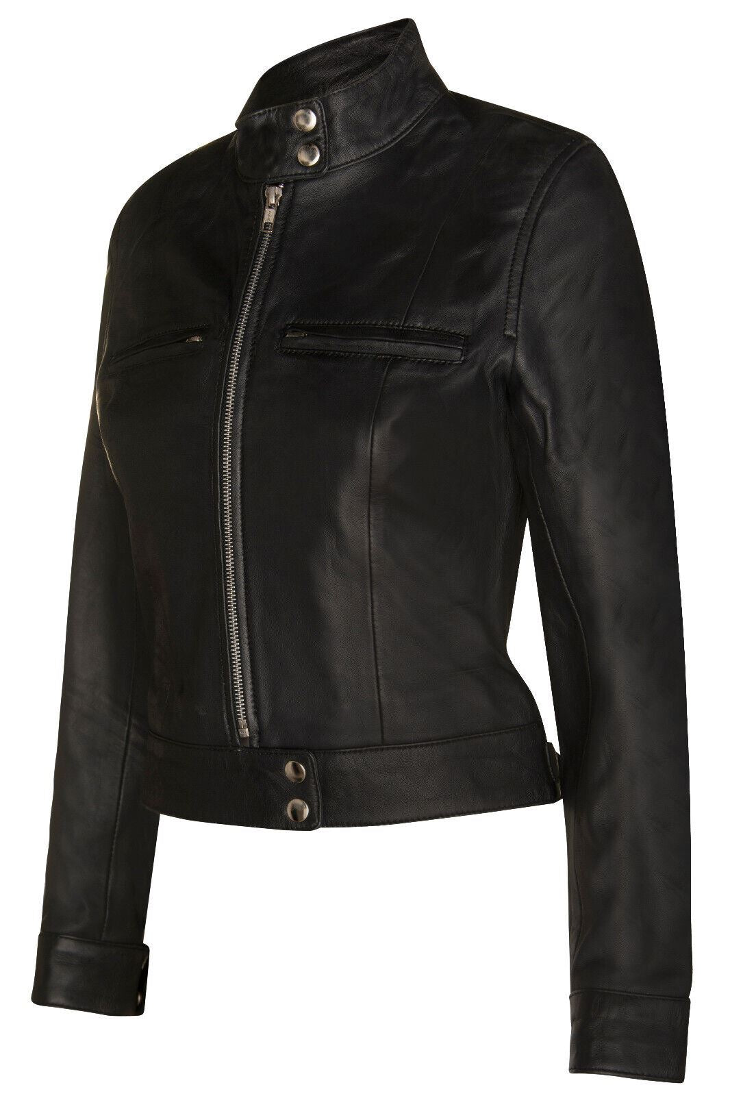 Womens Plain Leather Moto Biker Jacket-Braga