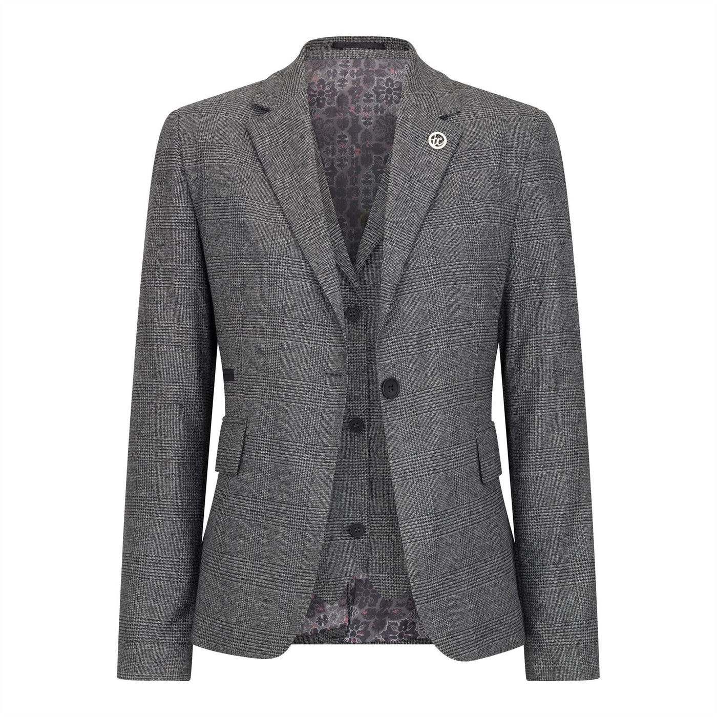 Women's Grey Three-Piece Tailored Fit Suit in Prince of Wales Check