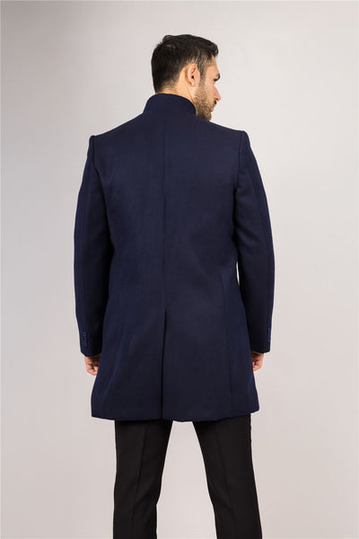 Men's Navy Stand Collar Wool Blend Overcoat
