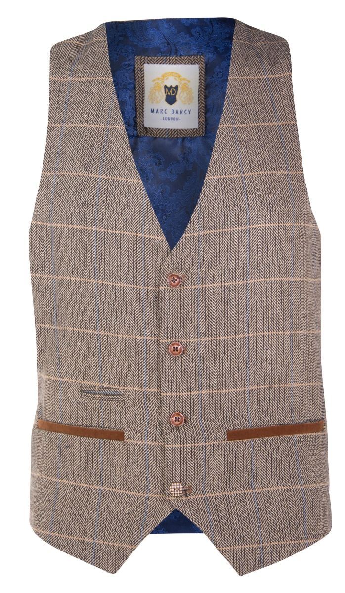 Marc Darcy Herren Hellbraun Tweed Weste Peaky Blinders Check Wolle Fischgrät