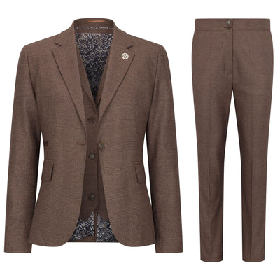 Women's Brown Three-Piece Tailored Fit Suit in Prince of Wales Check