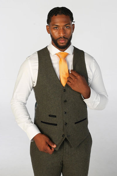 Men's Olive Green Wool Blend Tweed Formal Waistcoats