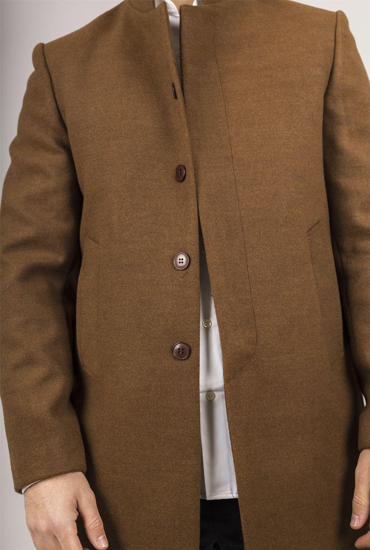 Men's Brown Stand Collar Wool Blend Overcoat